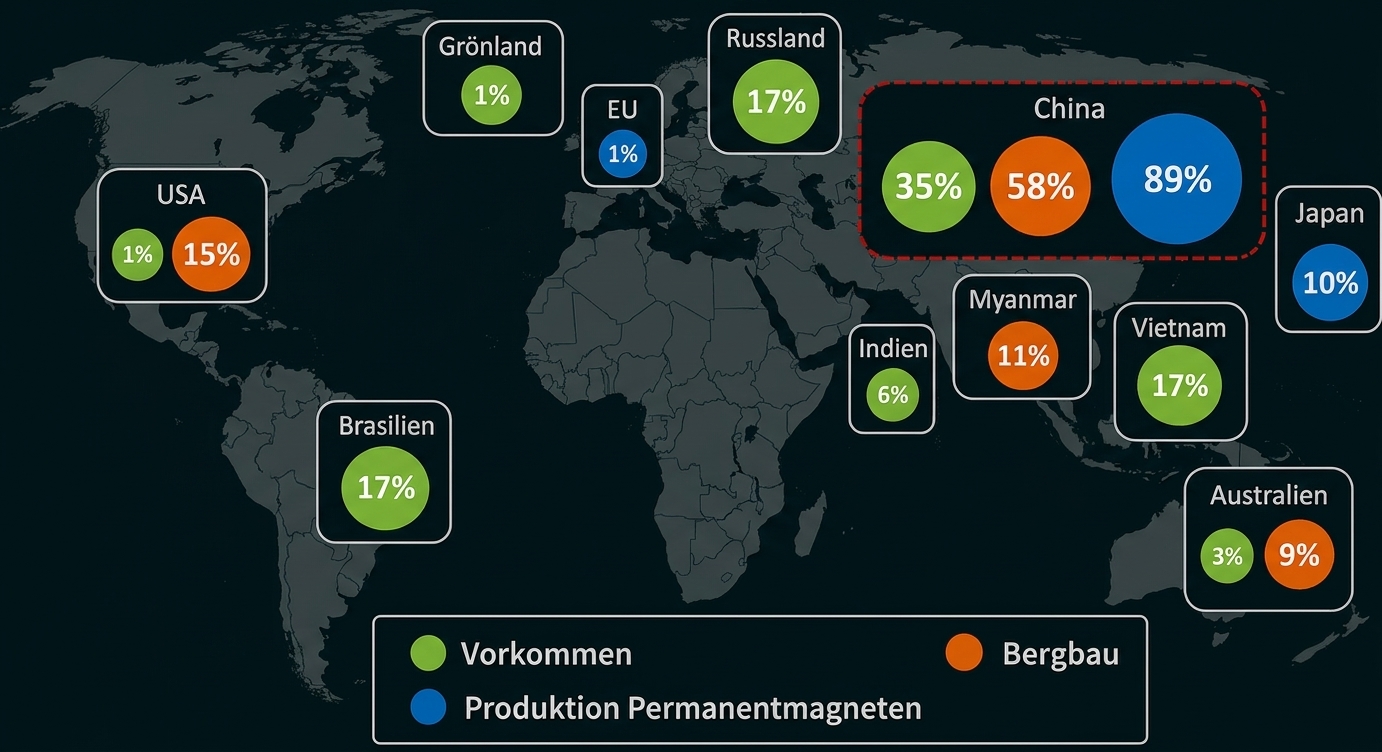 Weltkarte mit farbigen Kreisen und Prozentangaben zu Vorkommen, Bergbau und Produktion von Permanentmagneten in Ländern